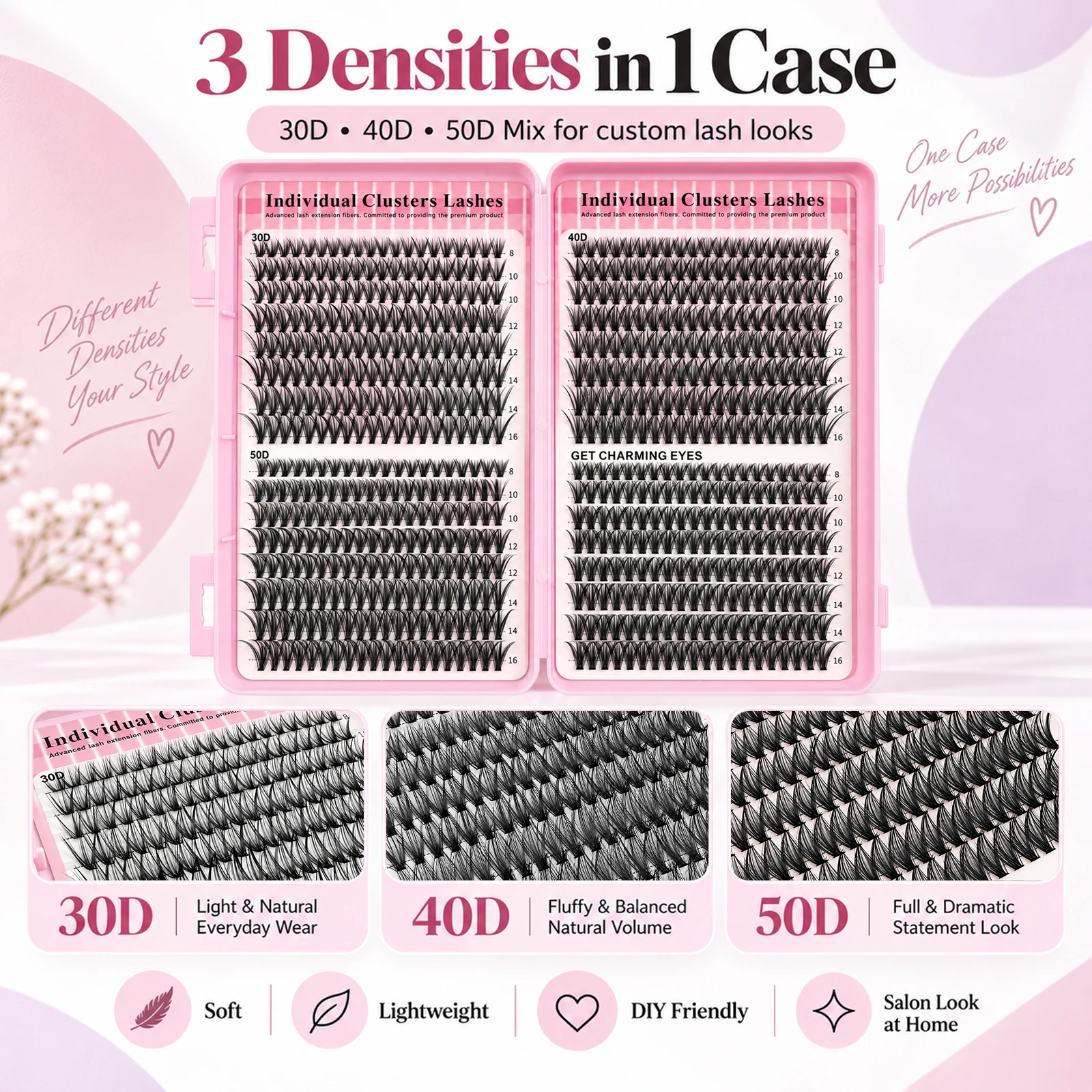 640 pcs D-Curl Eyelashes 30D+40D+50D 8-16mm Length Natural Thick Soft Lightweight Breathable Reusable Individual Segmented