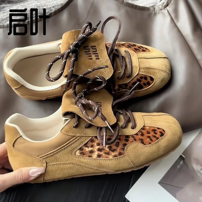 

Leopard Print Women Sneakers Flat Canvas Shoes Autumn Designer Trend Lace Up Running Suede