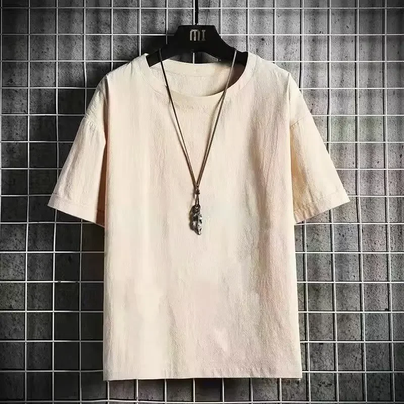 Loose Linen Short Sleeve T-Shirt Men's Summer New Fashion Brand Cotton Linen Half Sleeve Solid Color Body Shirt Crew Neck