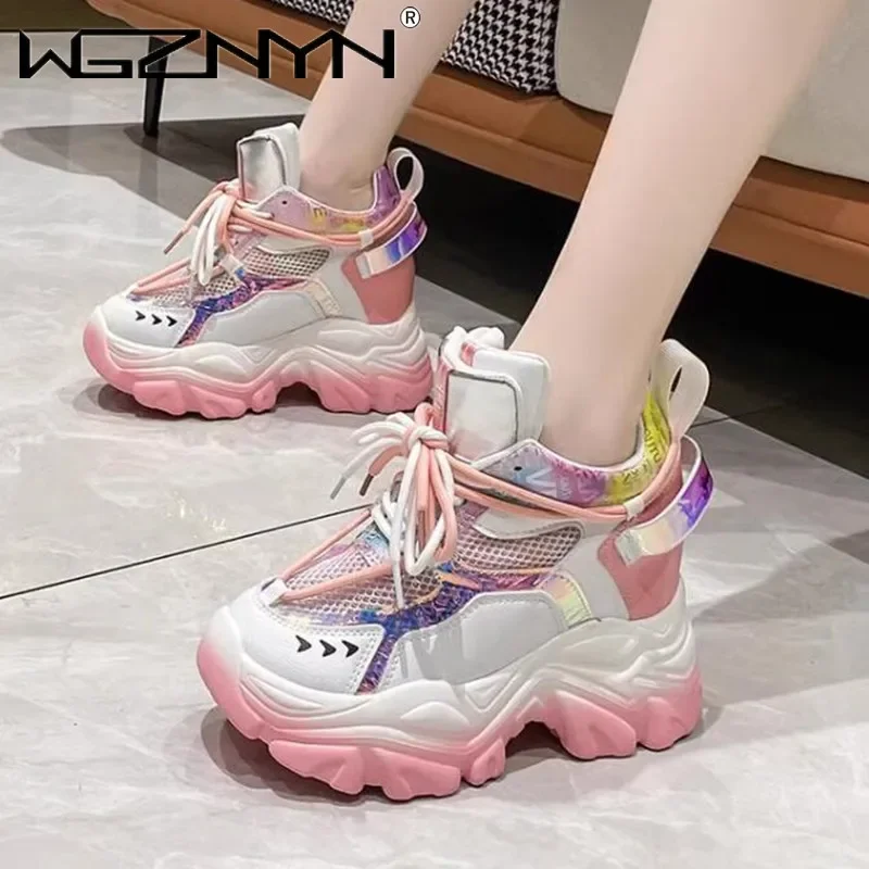 9.5CM Women Chunky Sneakers Hidden Heels Ladies Wedge Casual Shoes High Platform Autumn Breathable Mesh Shoes Women Dad Sneakers