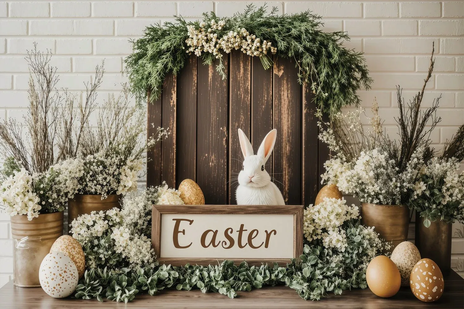 Fondo de fotografía de conejito, huevos de Pascua, puerta de madera, ventana, hojas verdes, flor blanca, decoración de fiesta de cumpleaños, Baby Shower