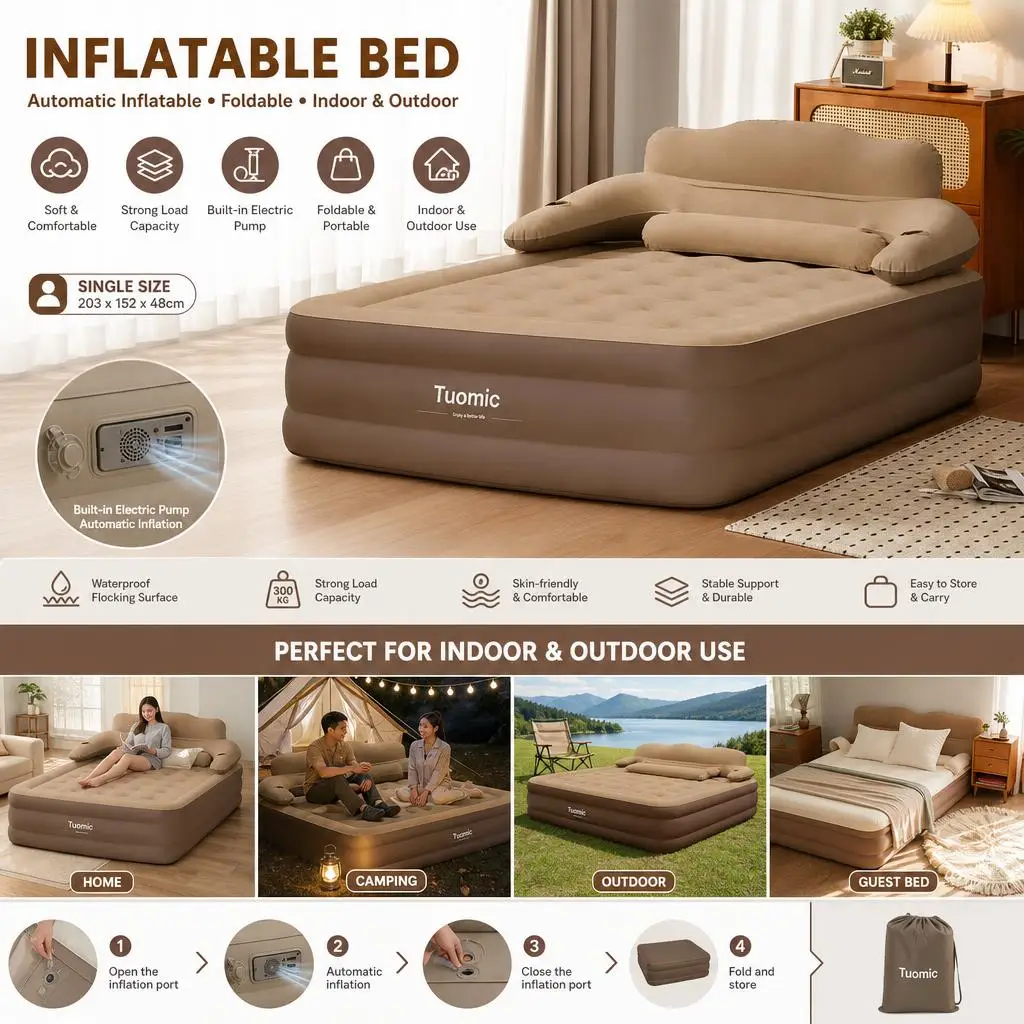 Image of Komfortable 2-Personen-Luftmatratze für Camping, Outdoor, Indoor, Zuhause, faltbares Bett, hochweich, hautfreundliches PVC