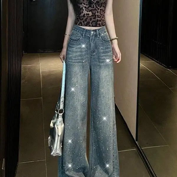 Retro Rhinestone Wide Leg Jeans Heavy Work Star Denim Women's Summer New High Waist Loose Straight Cut Trousers