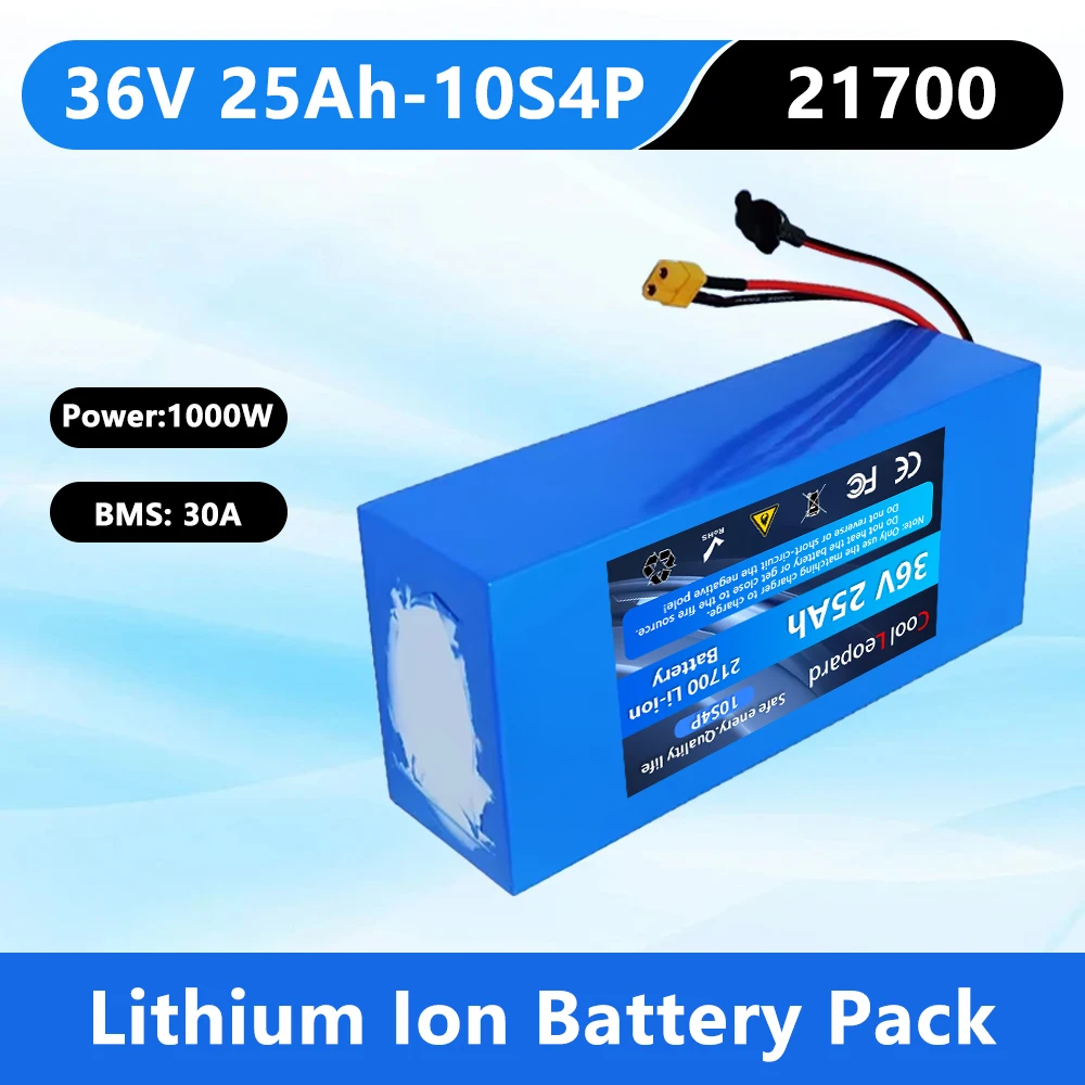 

New High Power 21700 10S4P 36V 25Ah Lithium Battery Pack with BMS, for Electric Bicycle Replacement Li-ion Battery + Charger