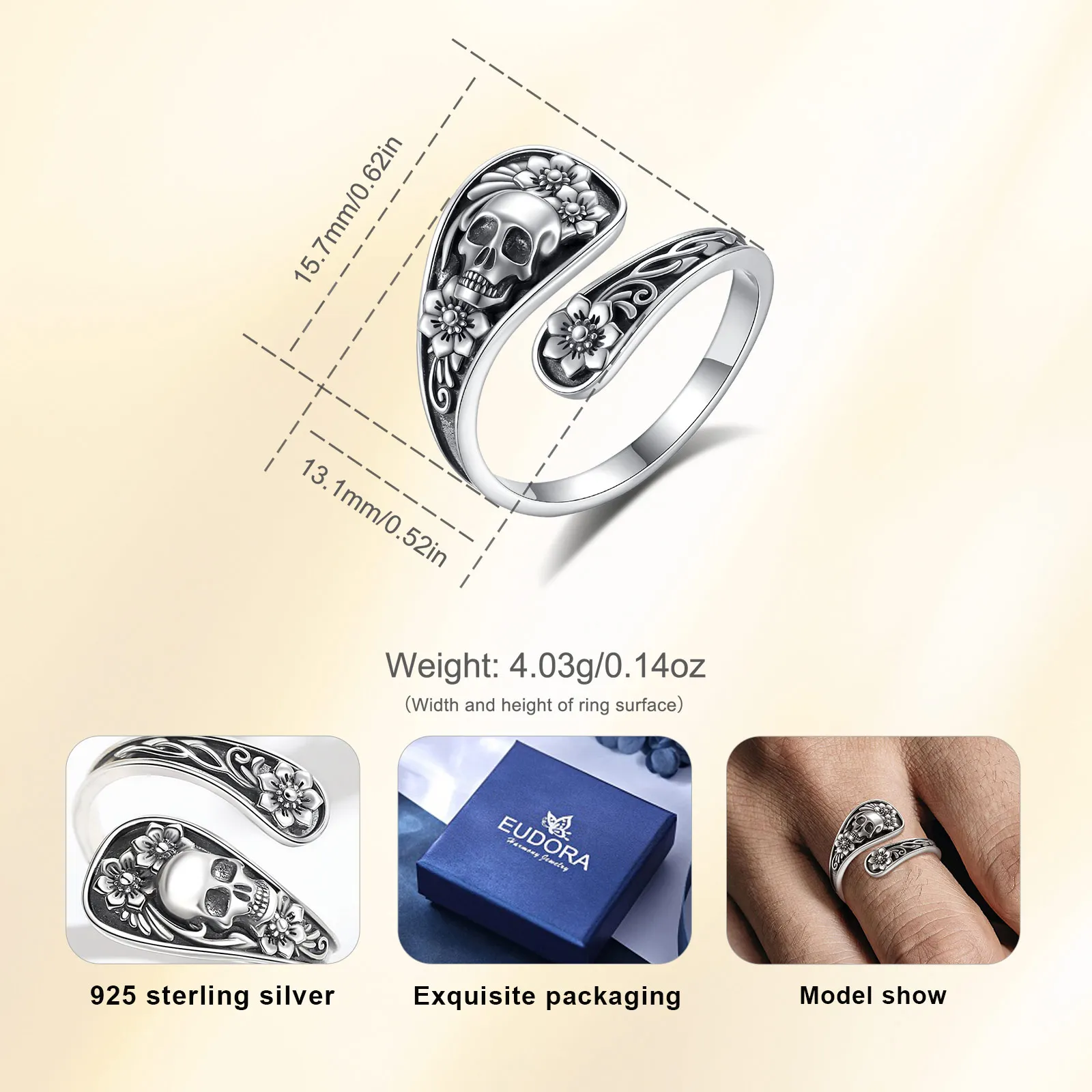 يودورا 925 فضة القوطية الجمجمة ملعقة قابل للتعديل حلقة زهرة الورد الهيكل العظمي الدائري شخصية مجوهرات هدية للنساء رجل