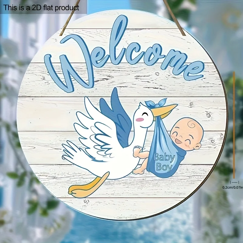 2D Flat, 1pc Blue Stork Welcome Home Boy Wooden Decoration - 2D Flat Round Sign with Goose and Youngsters Illustration, Rustic W