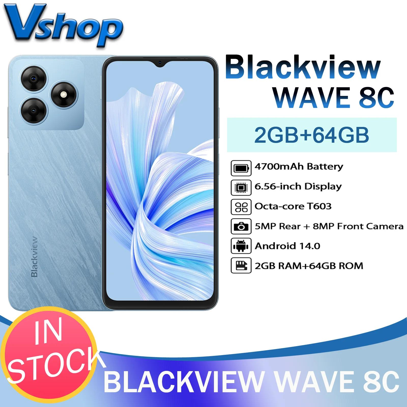 Blackview Wave 8C Smartphone 2GB+64GB 6.56''HD+IPS Display Android 14 GO Unisoc SC9863A 4700mAh Battery 8MP Camera CellPhone