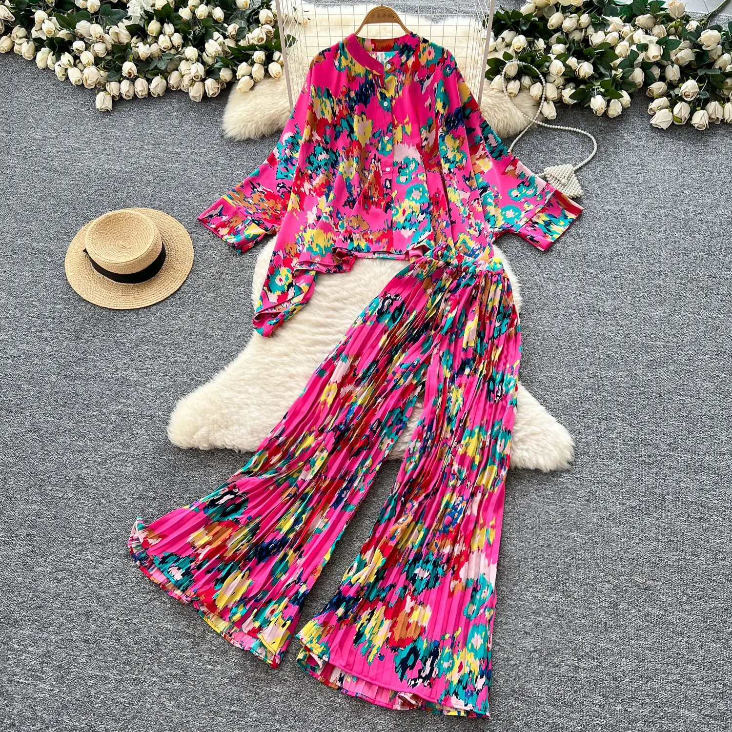 

Two Pieces Women Pleated Pant Set Casual Matching Set Print Batwing Sleeve Shirt Elastic Empire Waist Wide Leg Pant 2025 Autumn