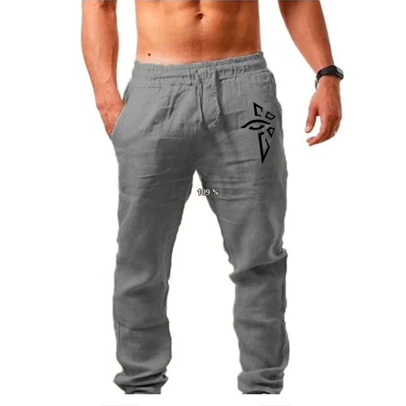 Men's Casual Pants Lace Up Fashion Loose Fitting Pants Autumn Versatile Cotton and Linen Pants Simple Printed Men's Casual Pants
