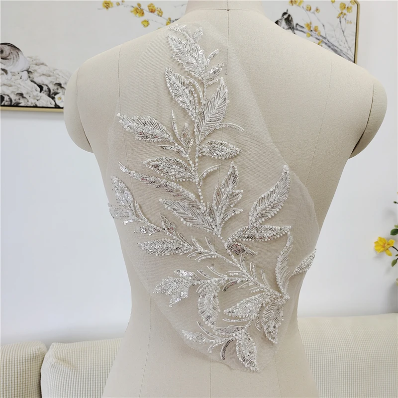 1Pc Lace Floral Beaded Rhinestones Crystals Appliques Patches For Sewing DIY Wedding Dress Accessories