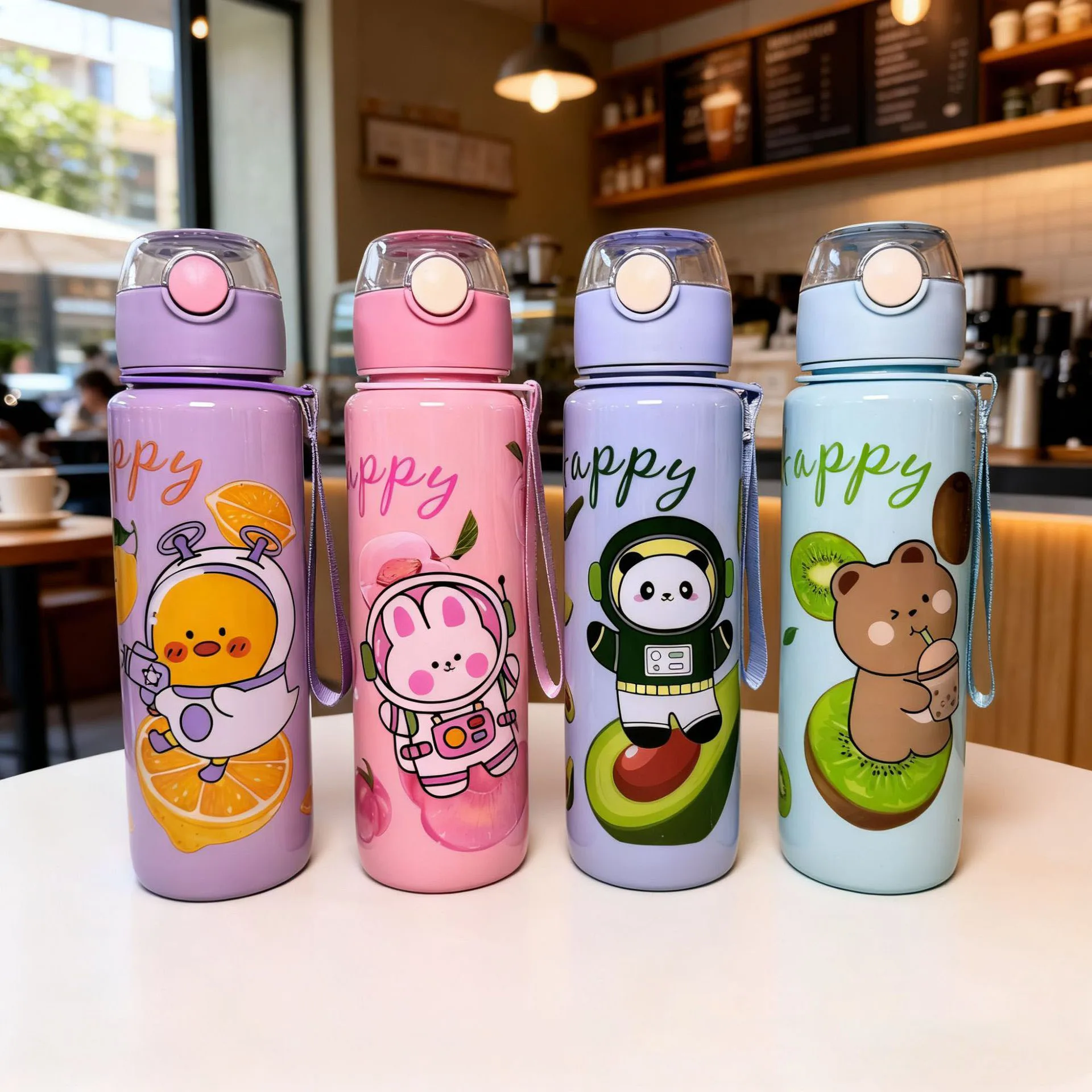 Fruit & Animal Cute Cartoon Water Cup (Bear,Panda,Rabbit,Duck Designs) 700ML Large Capacity Straw Cup Plastic Material,Durable