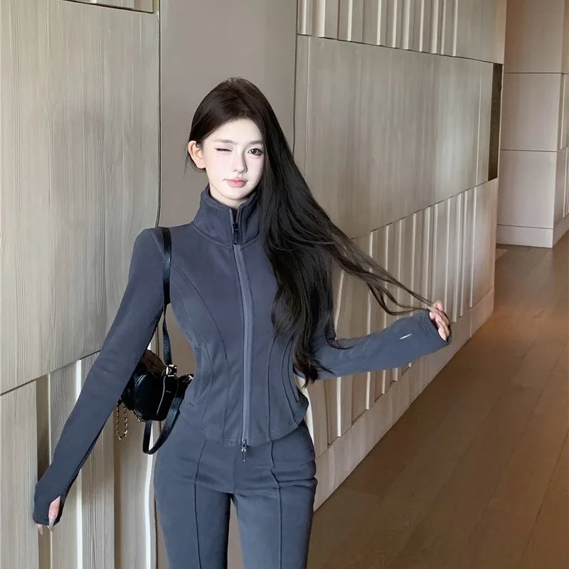

Women 2025 Autumn Winter Casual Fashion Suit Solid Color Long Sleeve Loose Zipper Pocket Hoodie Sport Pants Female Two Piece Set