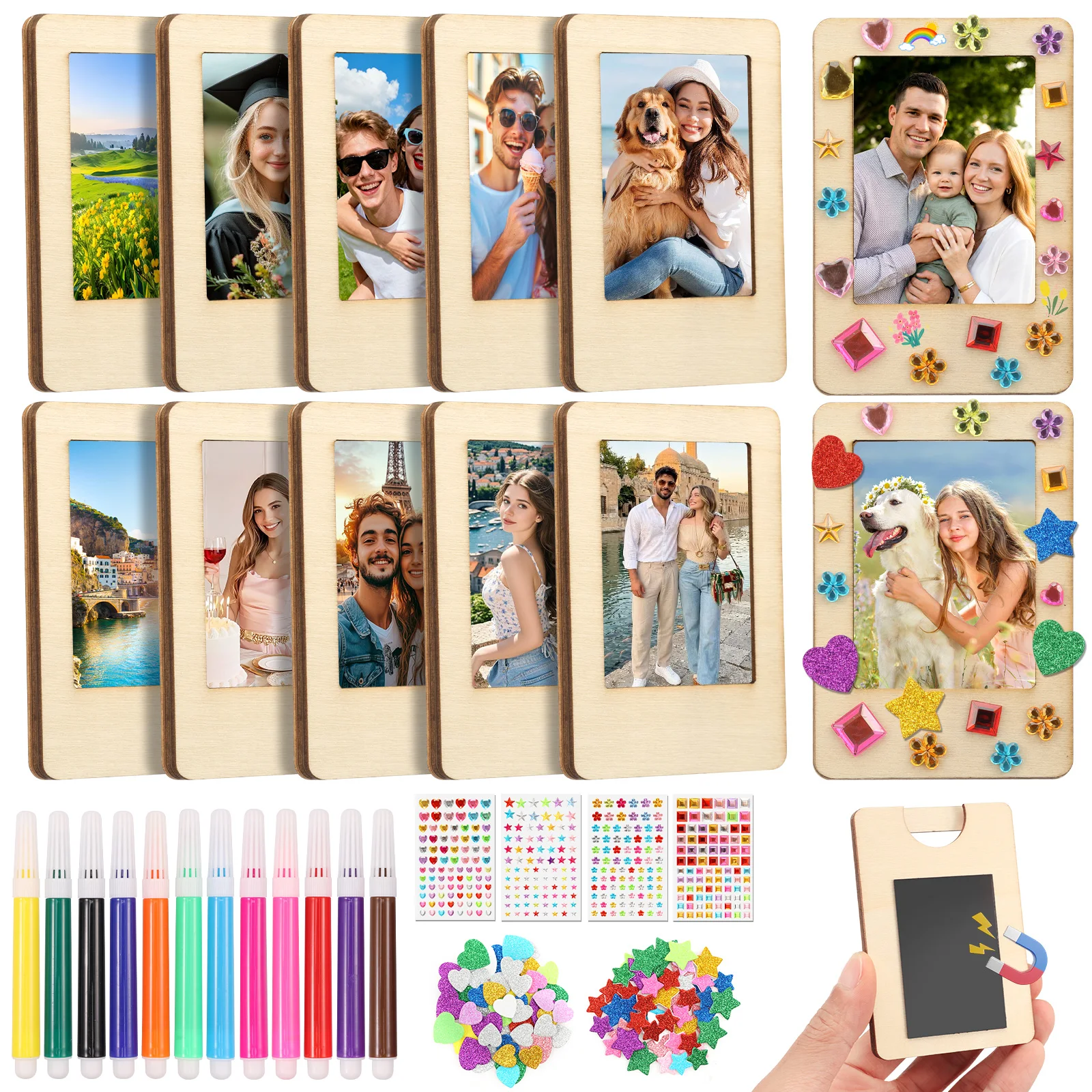 12Pc Magnet Photo Frame Wooden Picture Frame with Marker Rhinestone Sticker Glitter Sequin Unfinished Mini Photo Frames for Home