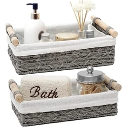 Storage Basket Rope Woven Baskets Caddy with Wooden Handles Set of 2 Countertop Toilet Paper Holder Tray for Home Organizing