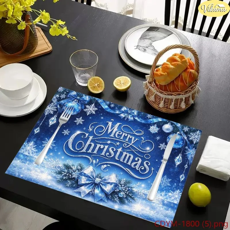 VIKAMA Christmas Placemats Blue Merry Christmas Ribbon Bow Snowflake Washable Dining Mat Winter Holiday Kitchen Decor