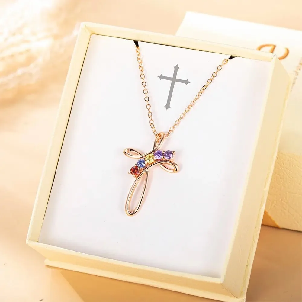 

Personalized Cross Pendant W/ Custom Birthstone Inlaid - Copper Necklace