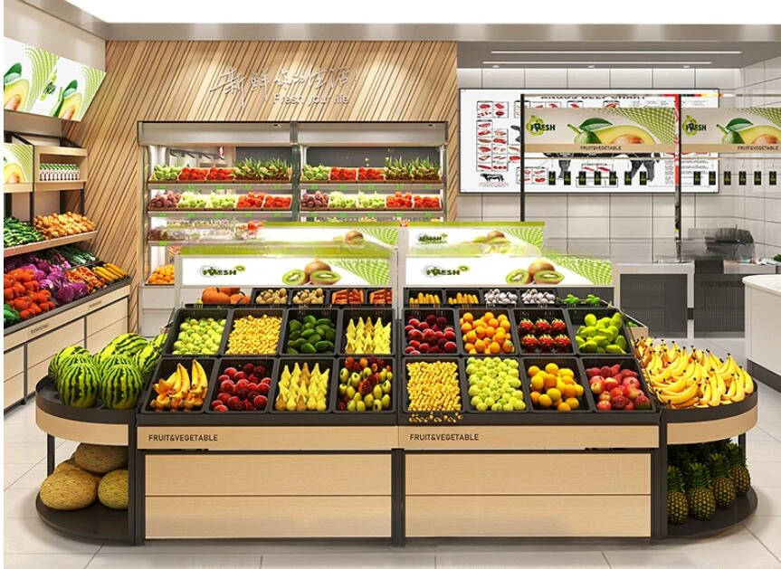 Fresh supermarket vegetable shelf commercial stainless steel bone chopping table fruit shelf display rack