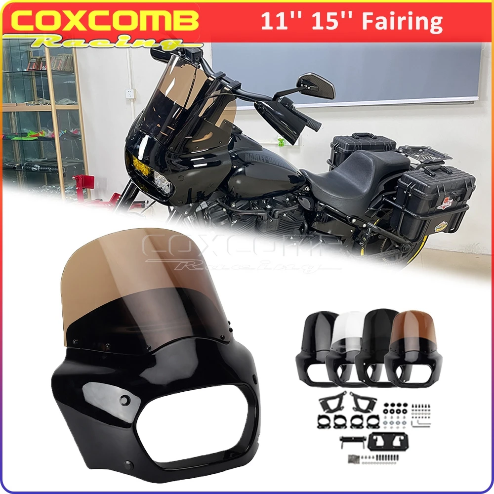 Motorcycle Club Style Front Headlight Fairing Windshield Smoke Head Lamp Cowl Mask Cover Bracket Mount Kit For Harley FXFB FXFBS