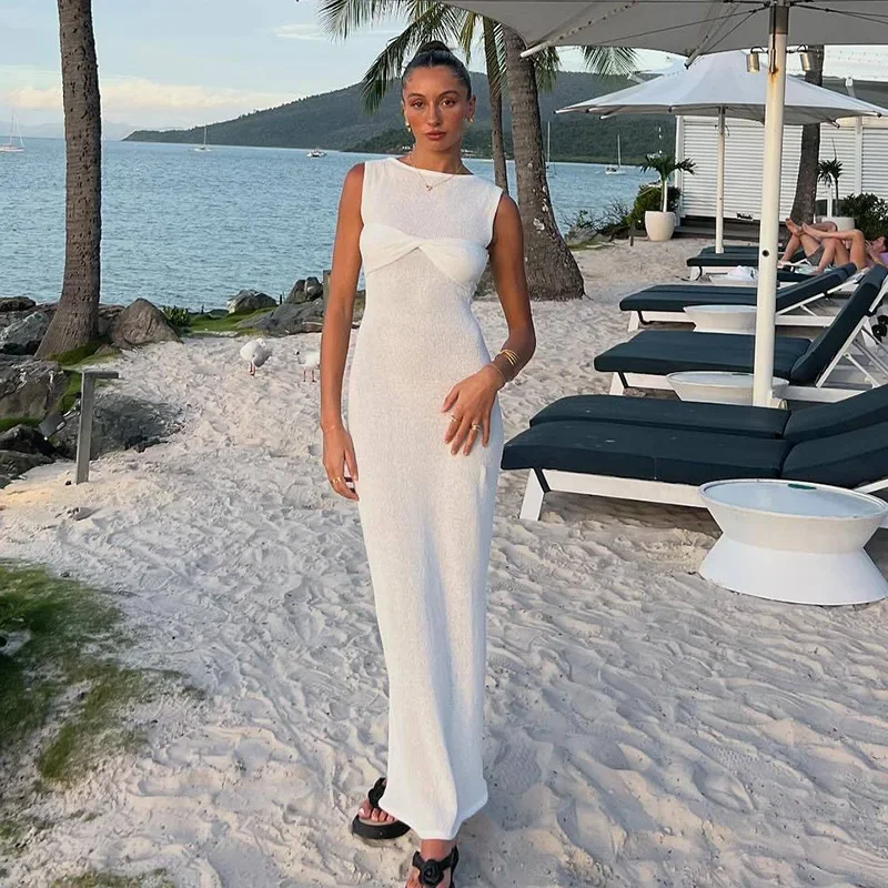 2024 Knitted Sexy See Through Summer Dress Bikinis Cover-ups Beach Cover Up Sleeveless Maxi Bodycon Dress Slim Beachwear