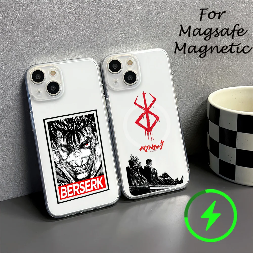 Japanese anime Berserk Guts Zodd Phone Case For IPhone 15 14 13 12 11 Transparent Magnetic Suction Cover