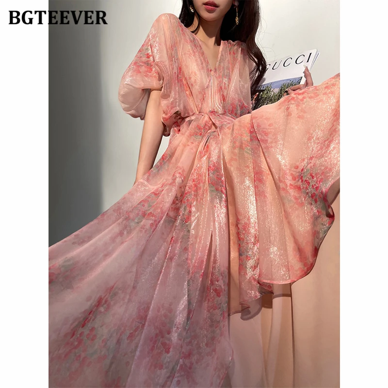 BGTEEVER Elegant V-neck Loose Women Floral Dress Summer Puff Sleeve Female A-line Dress Summer Ladies Vestidos