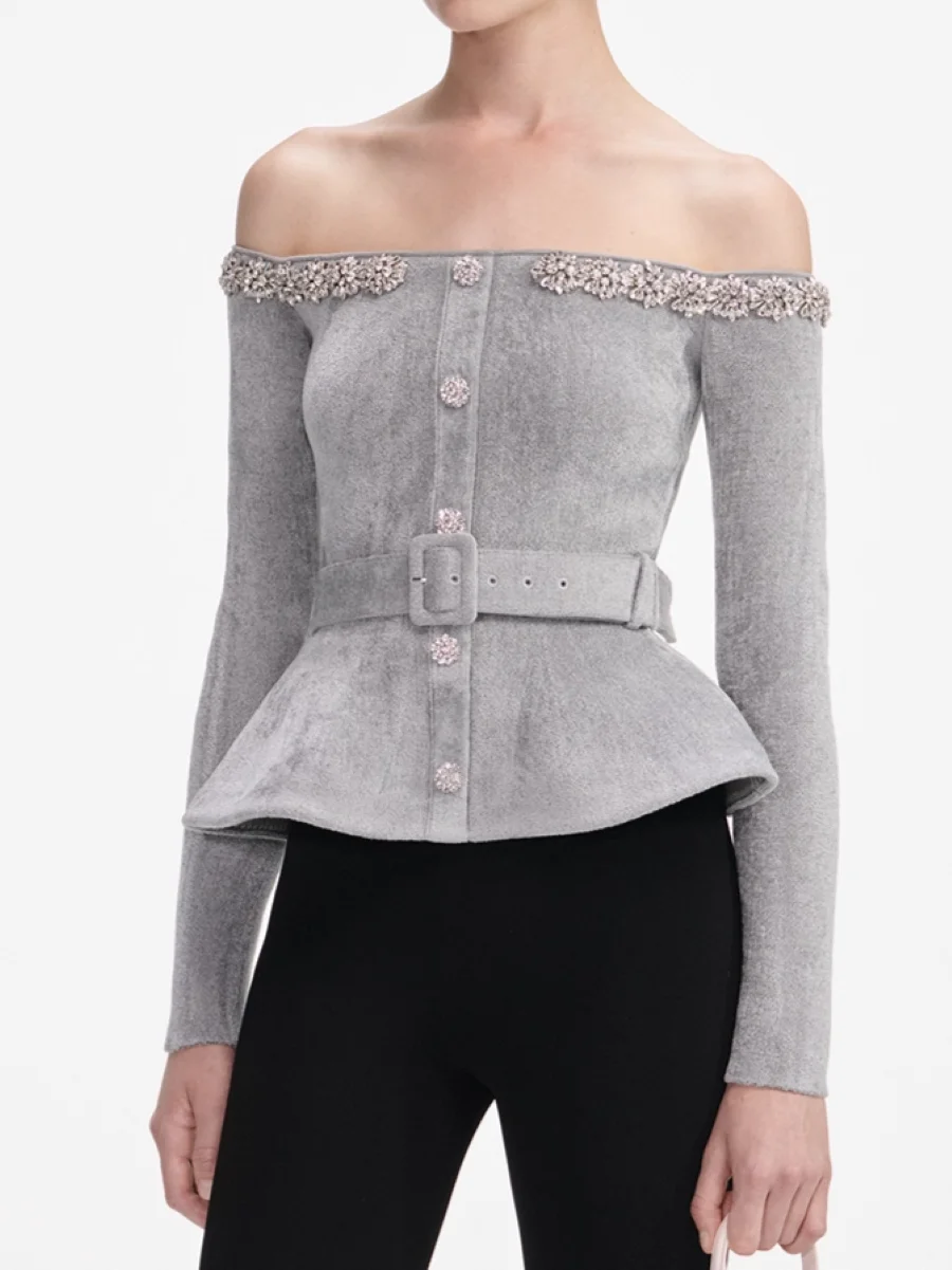 

Women Rhinestone Decoration Knitted Cardigan Autumn Winter Slash Neck Long Sleeve Lace-up Waist Fashion Ladies Sweater