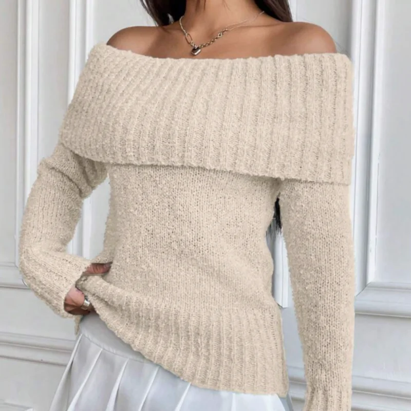 Women\'s sexy off-shoulder lapel sweater tops casual solid color long-sleeved pullover autumn and winter knitted pullover