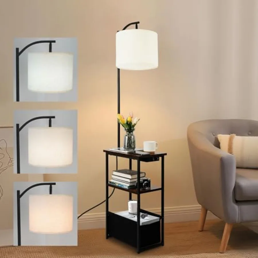 Floor Lamp with Table Narrow Side Table with Fabric Basket USB-A/USB-C Charging Station and AC Port 3 Color Temperatures 12W LE