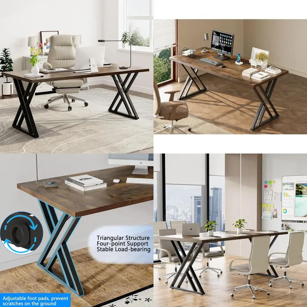 70.8 Double-Person Executive Office Desk, Large Gaming/Study Table, Rustic Brown Z-Shaped Laptop Desk for Home Office