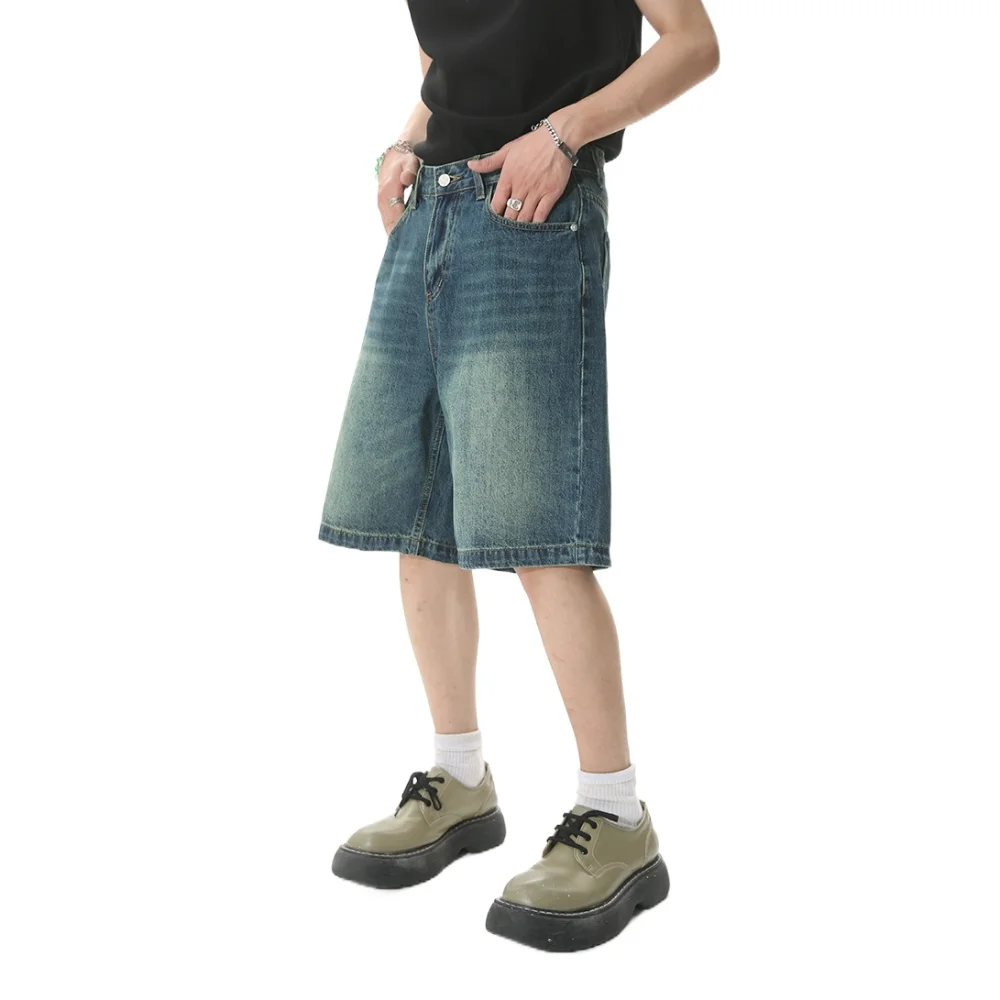 Cozy Ins Denim Shorts Men Loose High Waist Baggy Short Jeans Streetwear Trousers Denim Knee Length Pants Summer