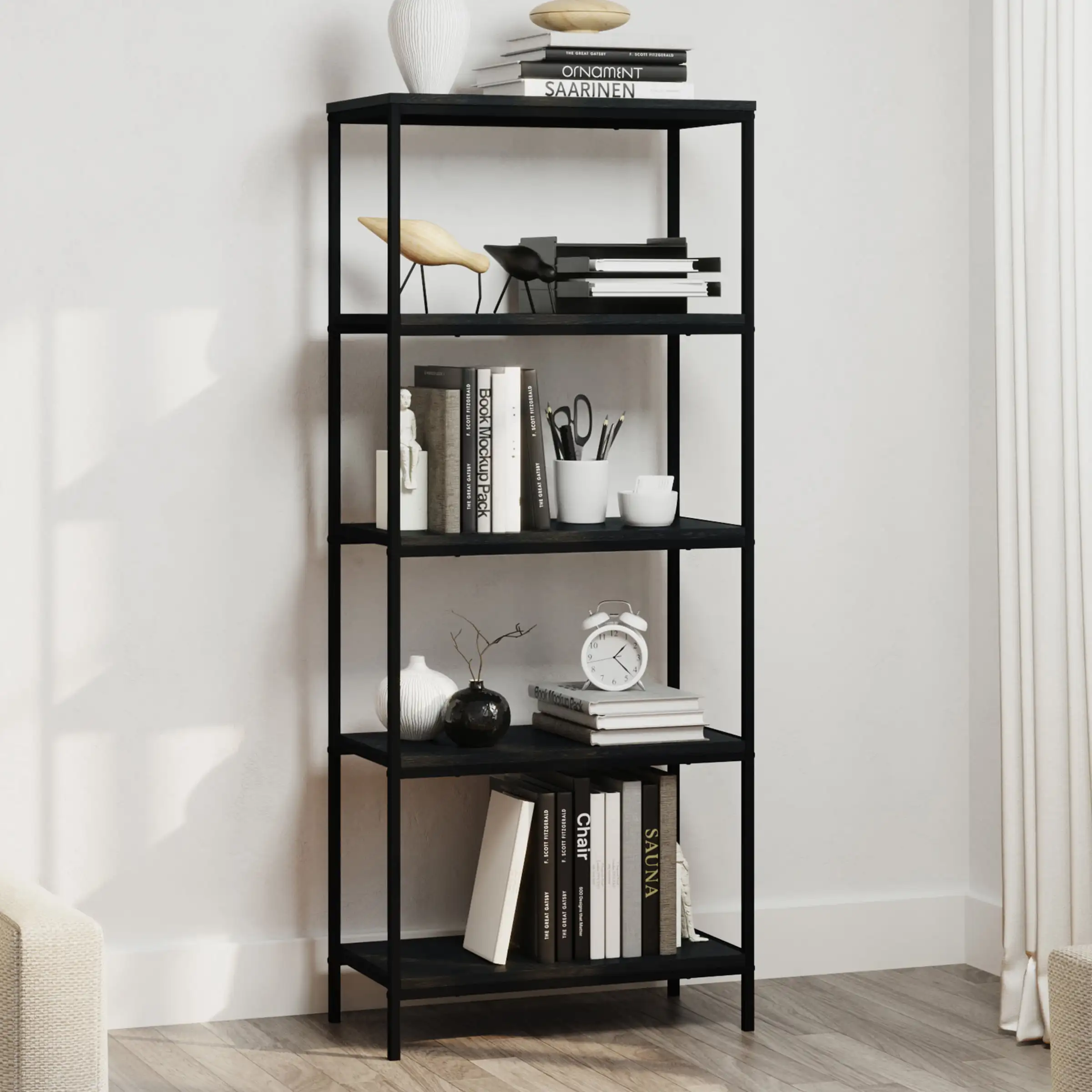 

Lavish Home 5-Tier Bookshelf - Industrial Shelving Unit, Black Woodgrain