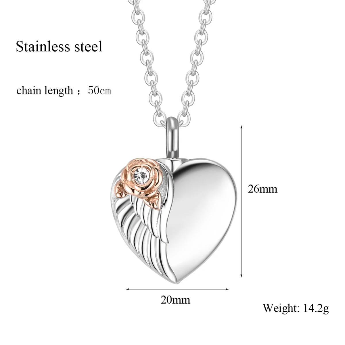 Stainless Steel Angel Wing With Rose Heart Urn Pendant for Ashe Cremation Keepsake Customize Name Necklace Jewelry Gift