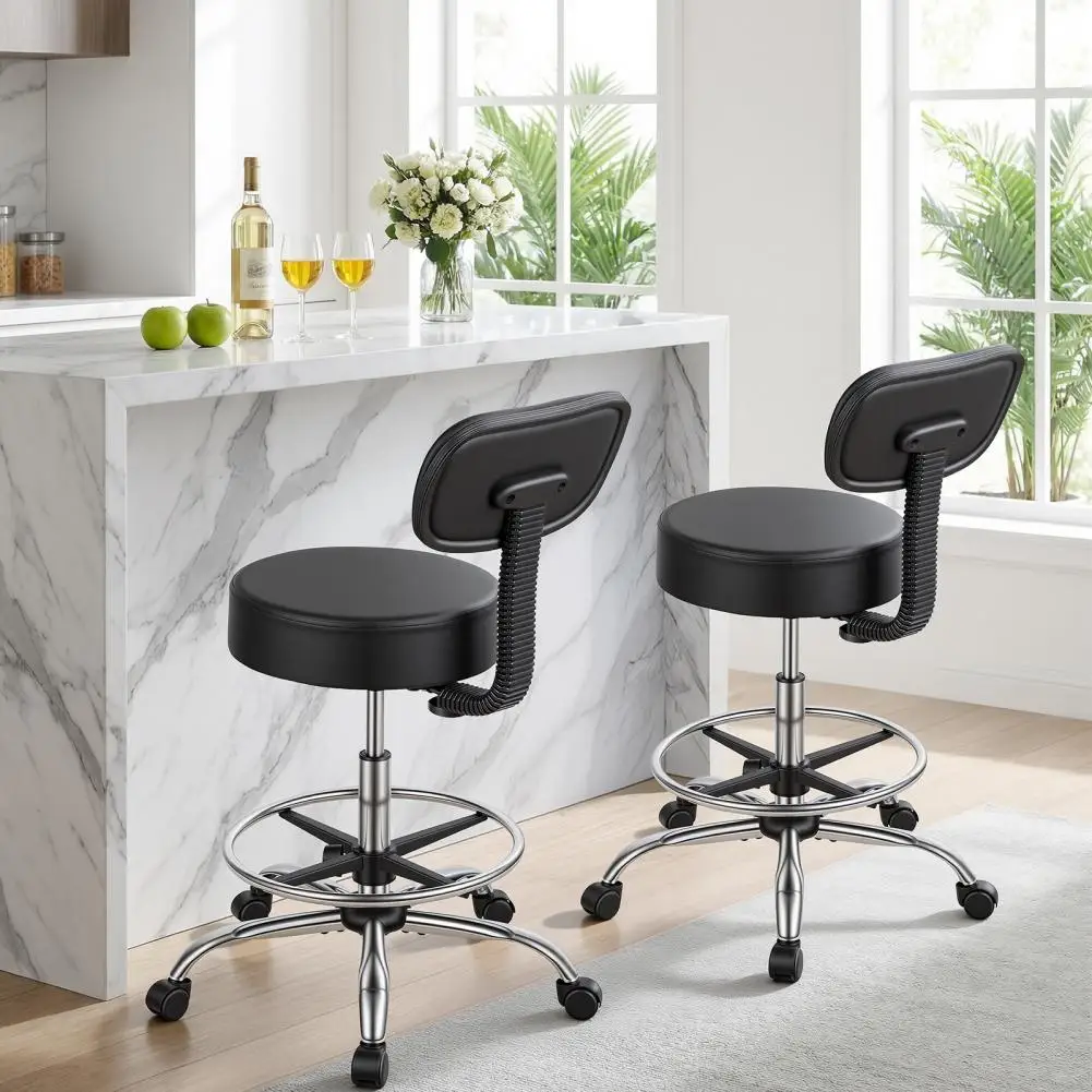 Height Adjustable 5-Wheels Office Desk Chair with Backrest, Faux Leather Swivel Round Rolling Stool with Adjustable Foot Rest