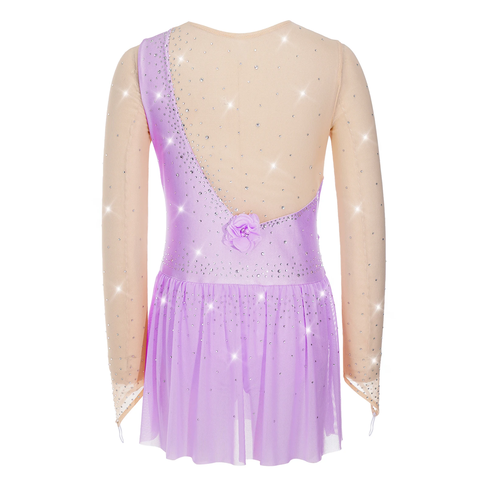 Mädchen Glänzendes Strass-Gymnastik-Ballett-Lyrical-Tanz-Auftrittskostüm Langarm 3D-Blumen Eiskunstlauf-Netzkleid – Detail 8