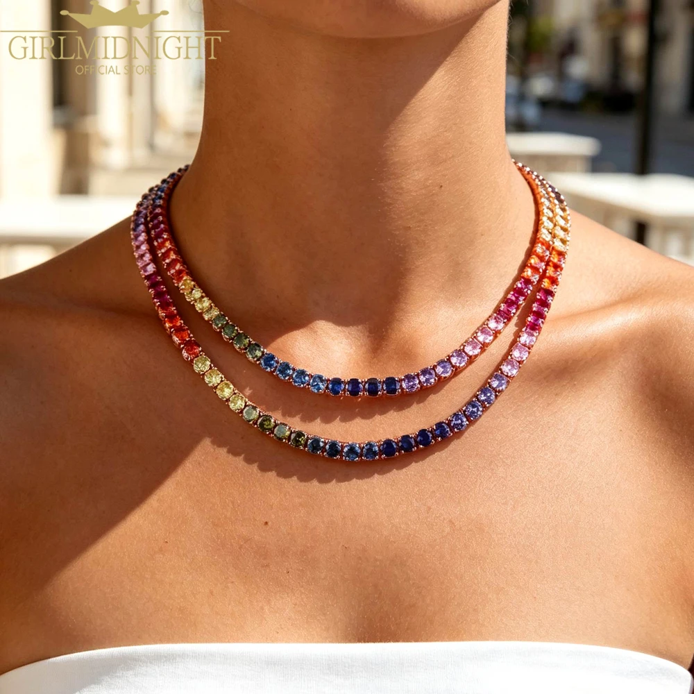 Iced Out Bling Rainbow Colorful Charm Necklace Women Men Cubic Zirconia 5mm Stone Charm Tennis Chain Choker Jewelry Gift