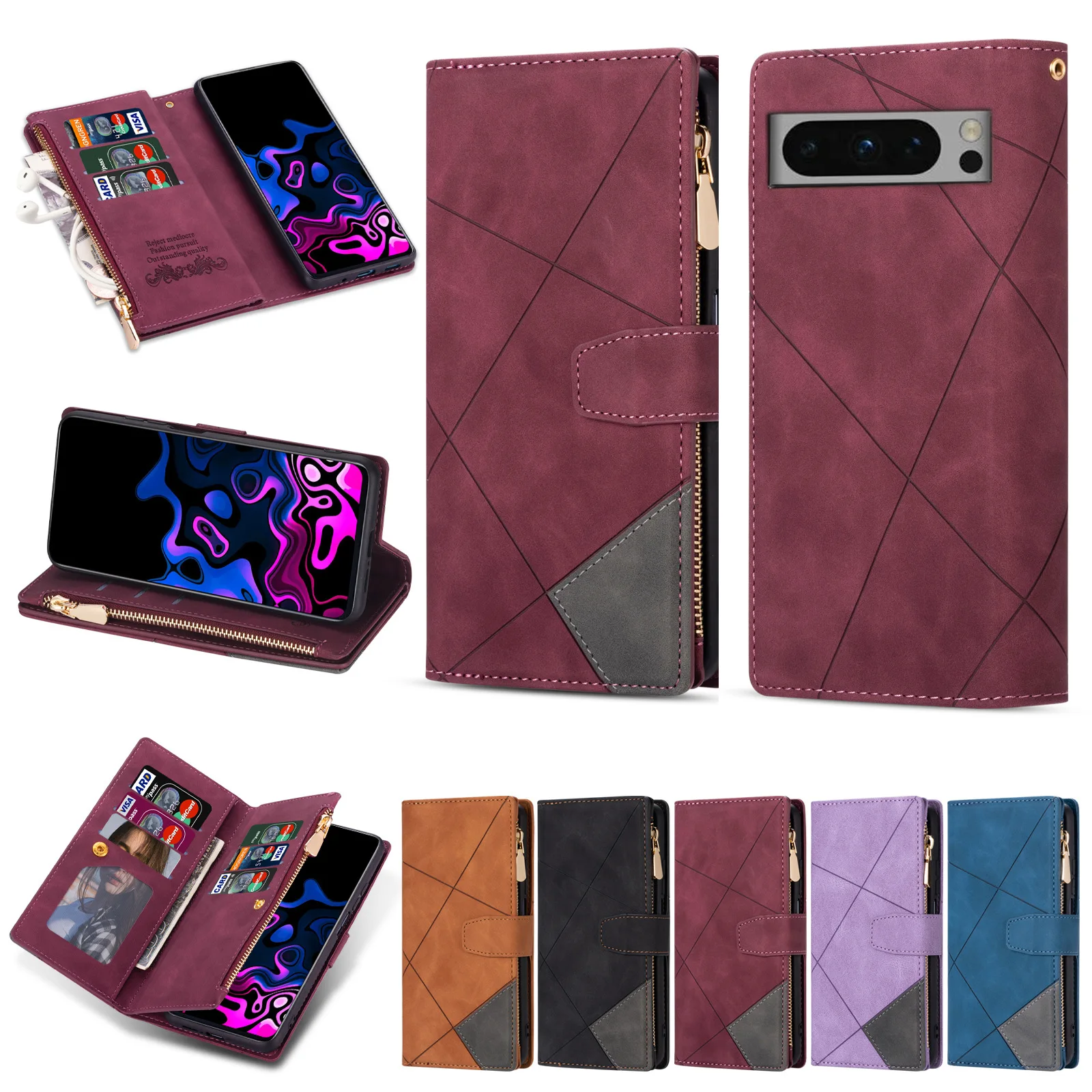 

Suitable for Google Pixel 10Pro - seamless stitching zipper multi-card phone artificial leather case flip cover stand protection