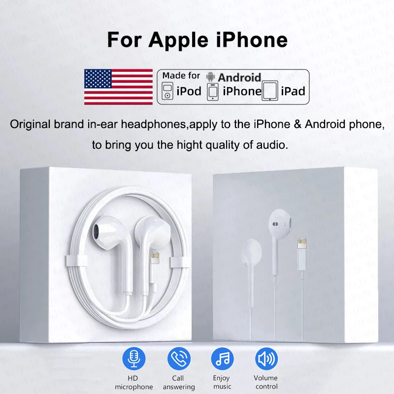 Original Wired Headphones For Apple iPhone 14 13 12 11 16 15 Pro Max X XR 7 8 USB C Lightnings 3.5mm Earphones Phone Accessories