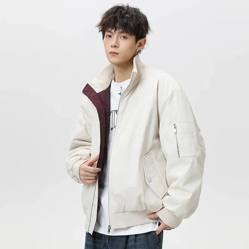 2025 Winter Men Bomber Jacket High Street Contrast Color Male Down Coat Stand Collar Long Sleeve Loose Outdoor Man Outerwear