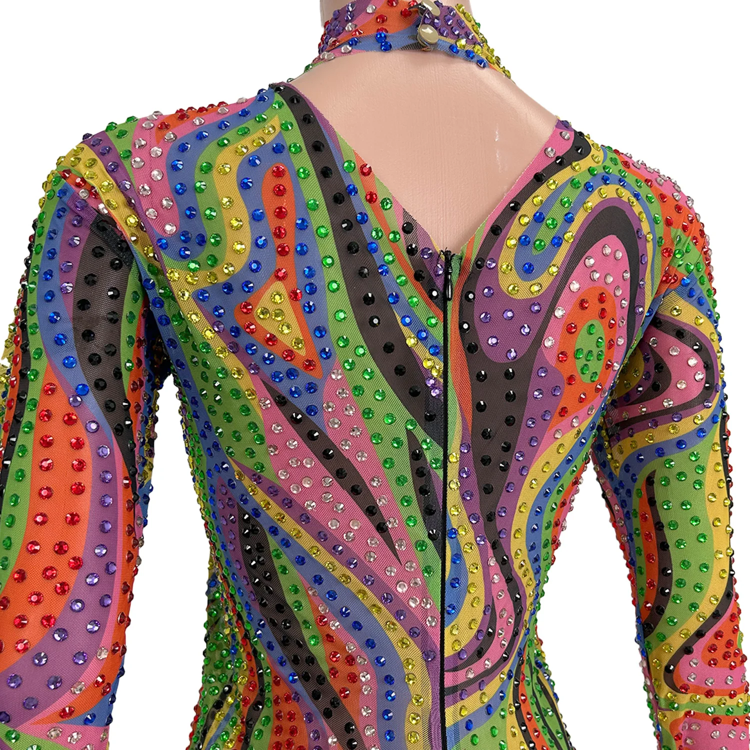 Seksowny kombinezon damski z długim rękawem, kolorowe paski, diamenty, jednoczęściowy strój z dżetami, kombinezon na imprezę, strój sceniczny.