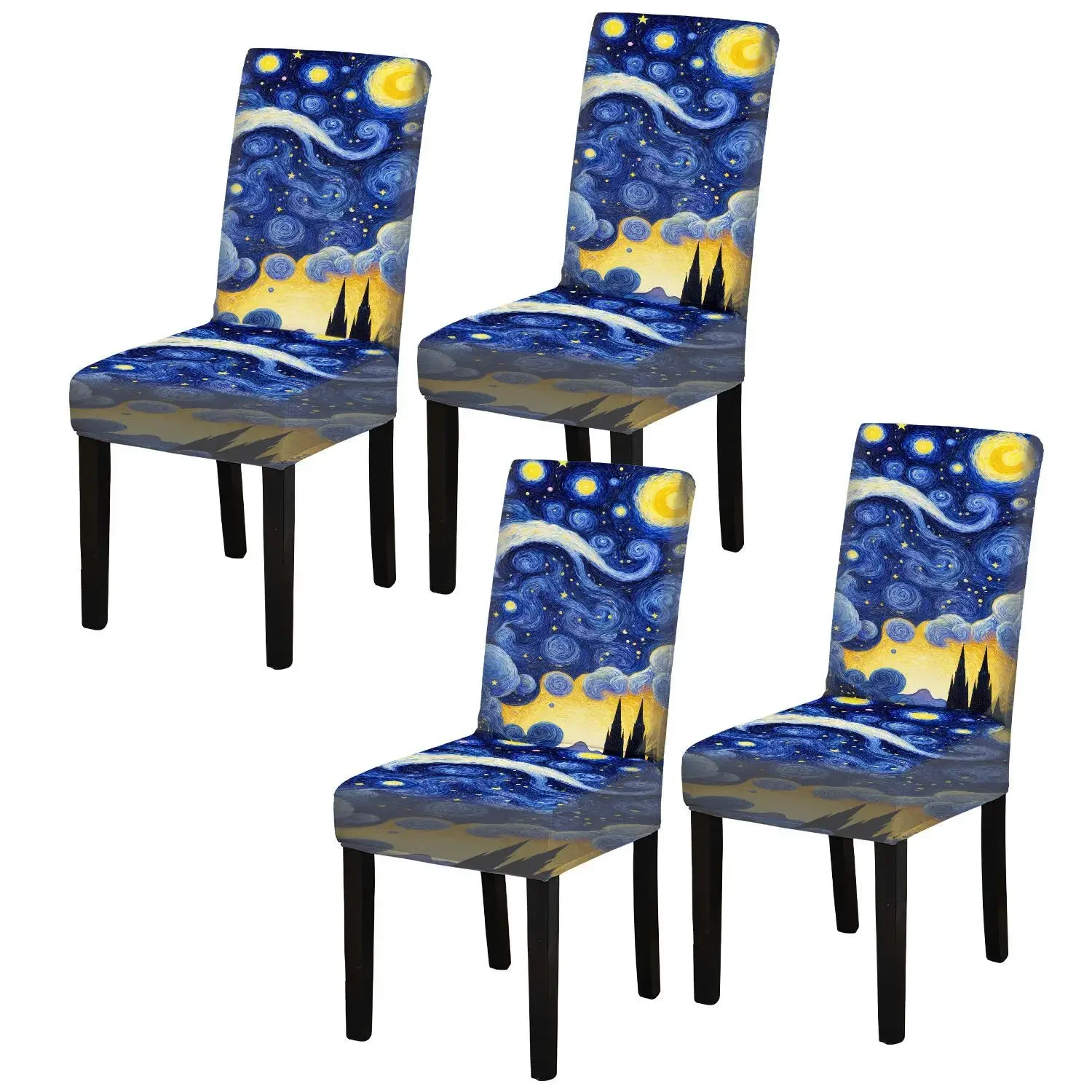 Van Gogh Starry Moon Night Printed Chair Cover, All-Inclusive Universal Elastic, Non-Slip Machine Washable Dining Chair Cover