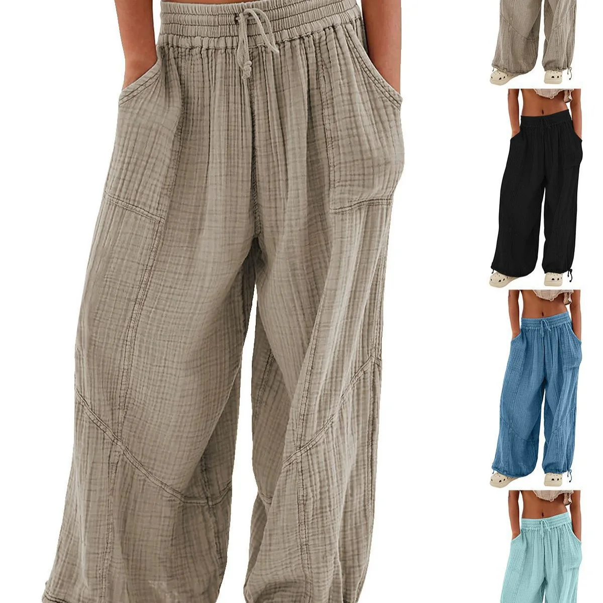 Womens Elastic Drawstring Waist Crinkle Gauze Wide Leg Pants Loose Casual Trousers Side Pockets Adjustable Ankle Hem Multiple Co