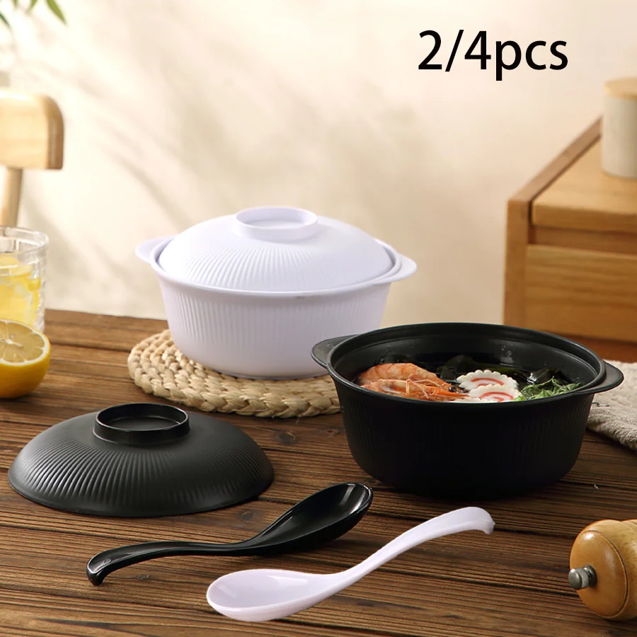 

2/4 pcs plastic double-handled pot with lid for instant noodle soup, featuring a double-handled design to prevent burns