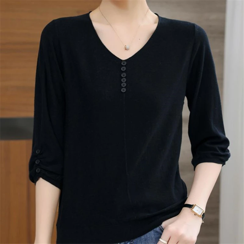 Women Clothes Simple Casual Solid Loose Elegant Basic Thin Knit T Shirts Summer V Neck Three Quarter Sleeve Pullover Tops Female