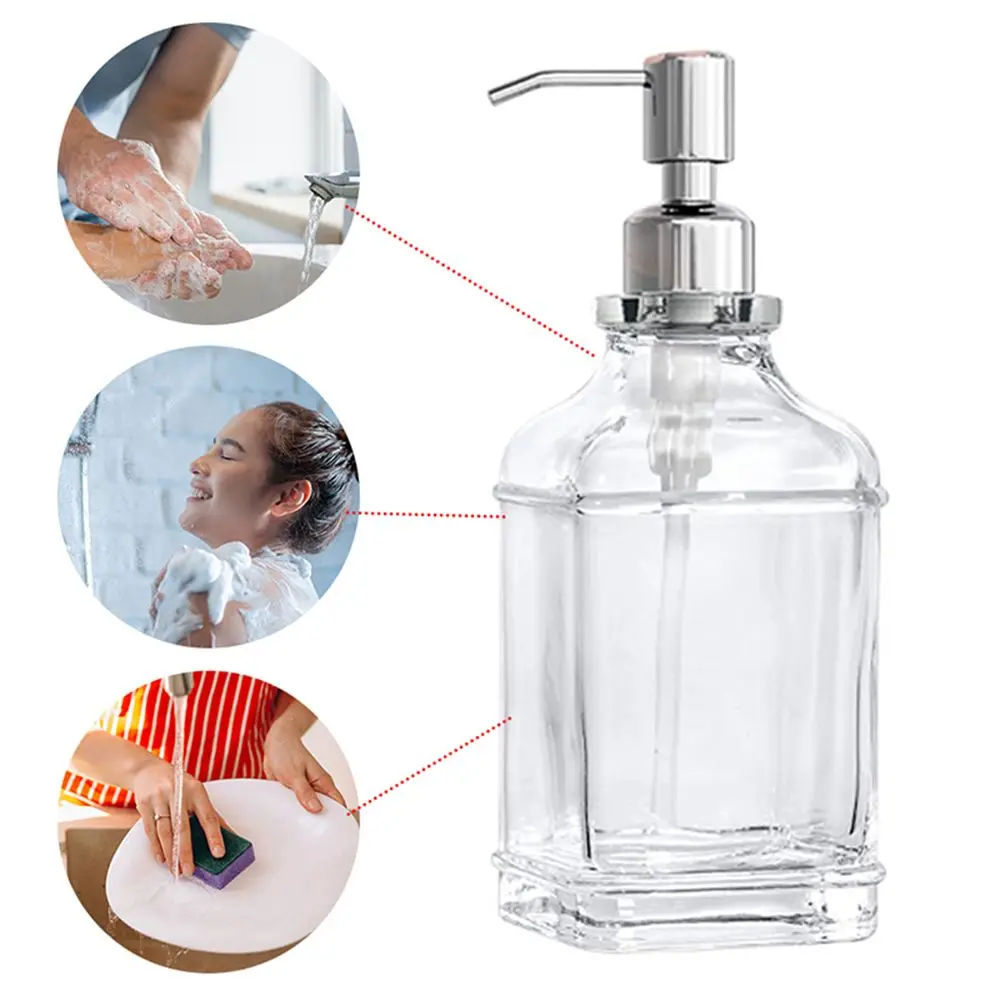 300/550ml Press Type Soap Dispenser Antique Thick Glass Hand Soap Dispenser Stainless Steel Pump With Clear Labels