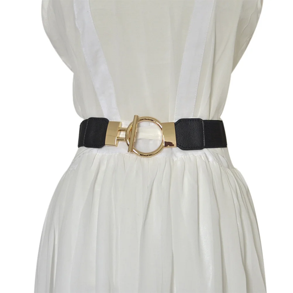 1 قطعة حزام خصر نسائي أسود عريض من البولي يوريثان بإبزيم مستدير ذهبي حزام خصر قابل للتمدد إكسسوار أنيق لفساتين الجينز