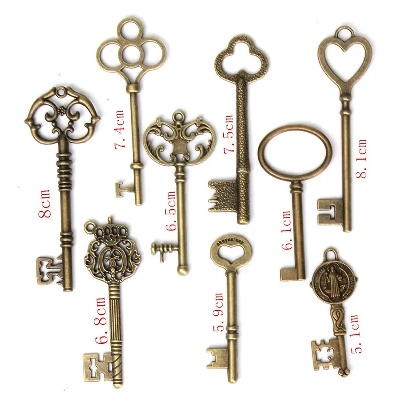 9Pcs Retro Antique Vintage Skeleton Keys Bronze Charm Pendants Necklace For DIY Jewelry Making Decor Hanging Craft