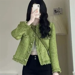 2026 New Autumn Winter Korean Single-Breasted Short Tweed Coat Women Long Sleeve Vintage Green Casual Jackets Female Outerwear