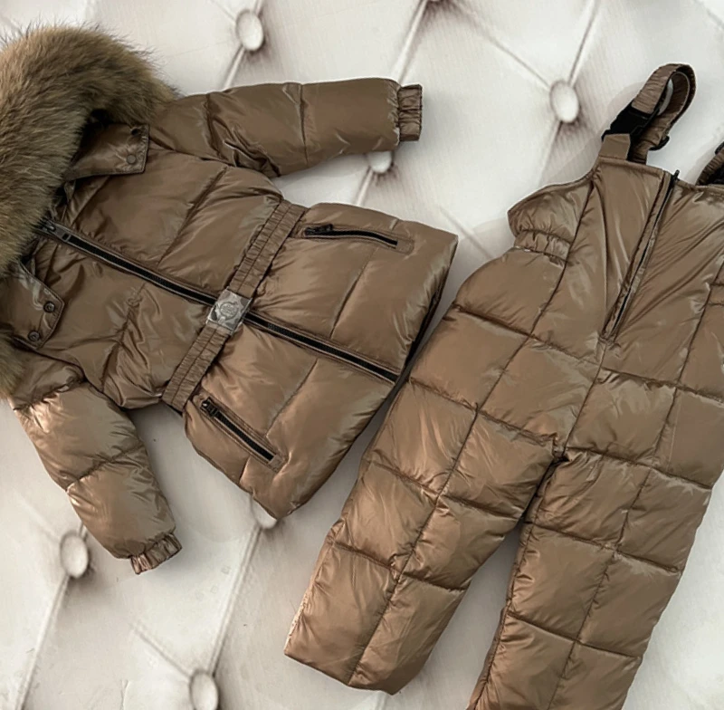 Kids Boutique Clothing 2023 New Autumn Winter Down Jacket Solid Color 2 Pieces Sets  Coar Large Fur Collar Unisex Romper Warm