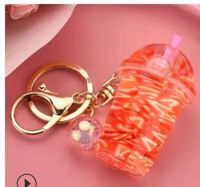 10pcs/lot Creative Simulation Fruit Floating Keychain Cute Watermelon Kiwi Liquid Milk Tea Bottle Keyring