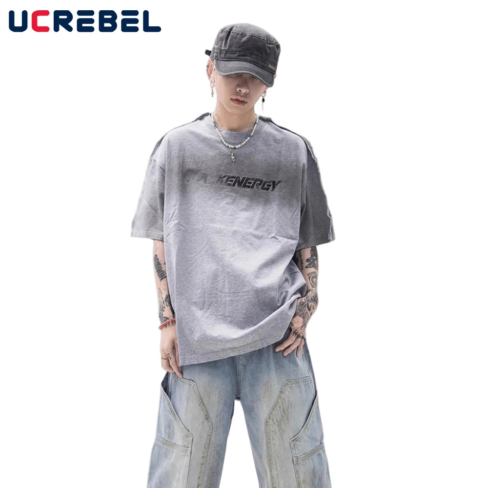 

Ripped Spliced Short Sleeve T-shirt Mens Letter Jacquard Summer High Street Distressed Crew Neck Loose Cotton Tee Men